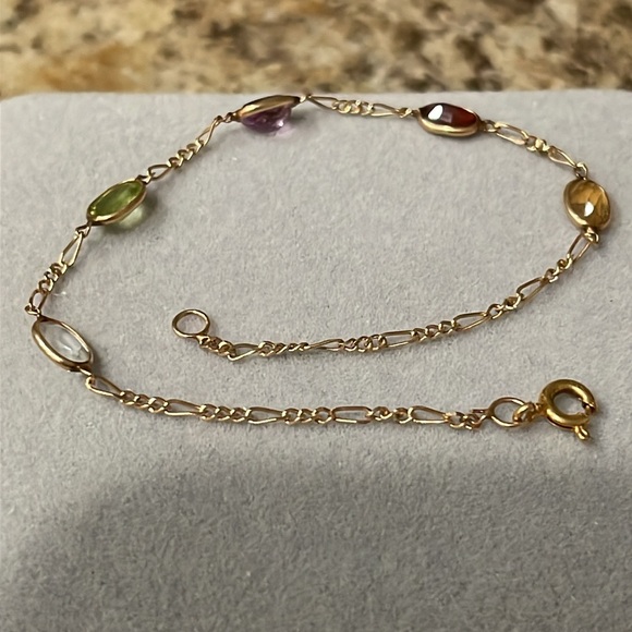 14K Yellow Gold Multi-Color Quartz 5-Stones Figaro Link Bracelet Stamp 14k - Picture 7 of 10